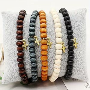 Bohemian Bracelet Cross, Natural Wood Beads, Painted Wood Beads Stackable Unisex